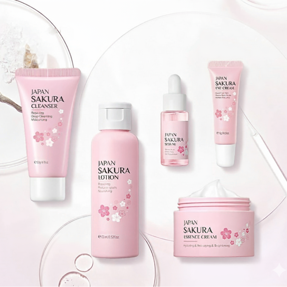 Japan Sakura 5-in-1 Skincare Set | Cleanser, Toner, Serum, Eye Cream & Essence Cream
